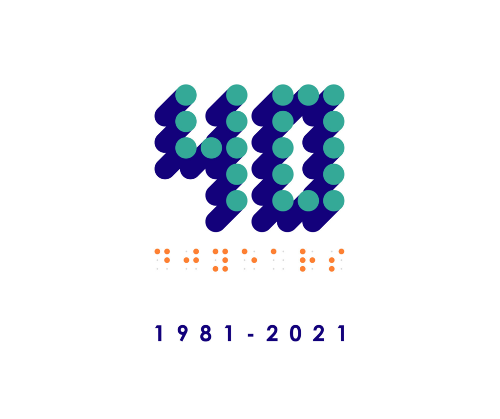 The IBSA at 40 logo which features braille dots in the form of the number 40 and the year 1981-2021 written in braille