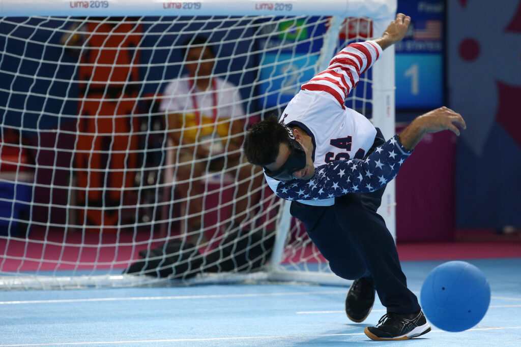 Tyler Merren of the USA is pictured just after he has released the goalball