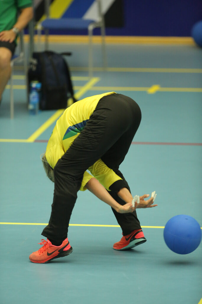 Ana Carolina Custodio of Brazil throws the goalball backwards Between her legs